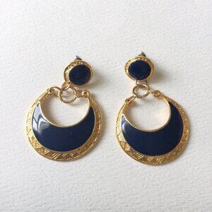 Vintage Edgar Berebi Gold Tone Blue Enamel Dangle Moon Shaped Pierced Earrings